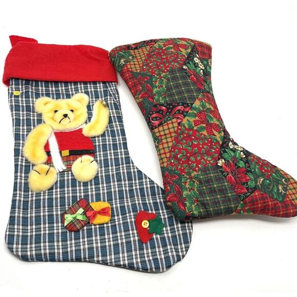 Christmas Stocking Handmade Holiday Red & Green And‎ Teddy Bear Vintage - Picture 1 of 6